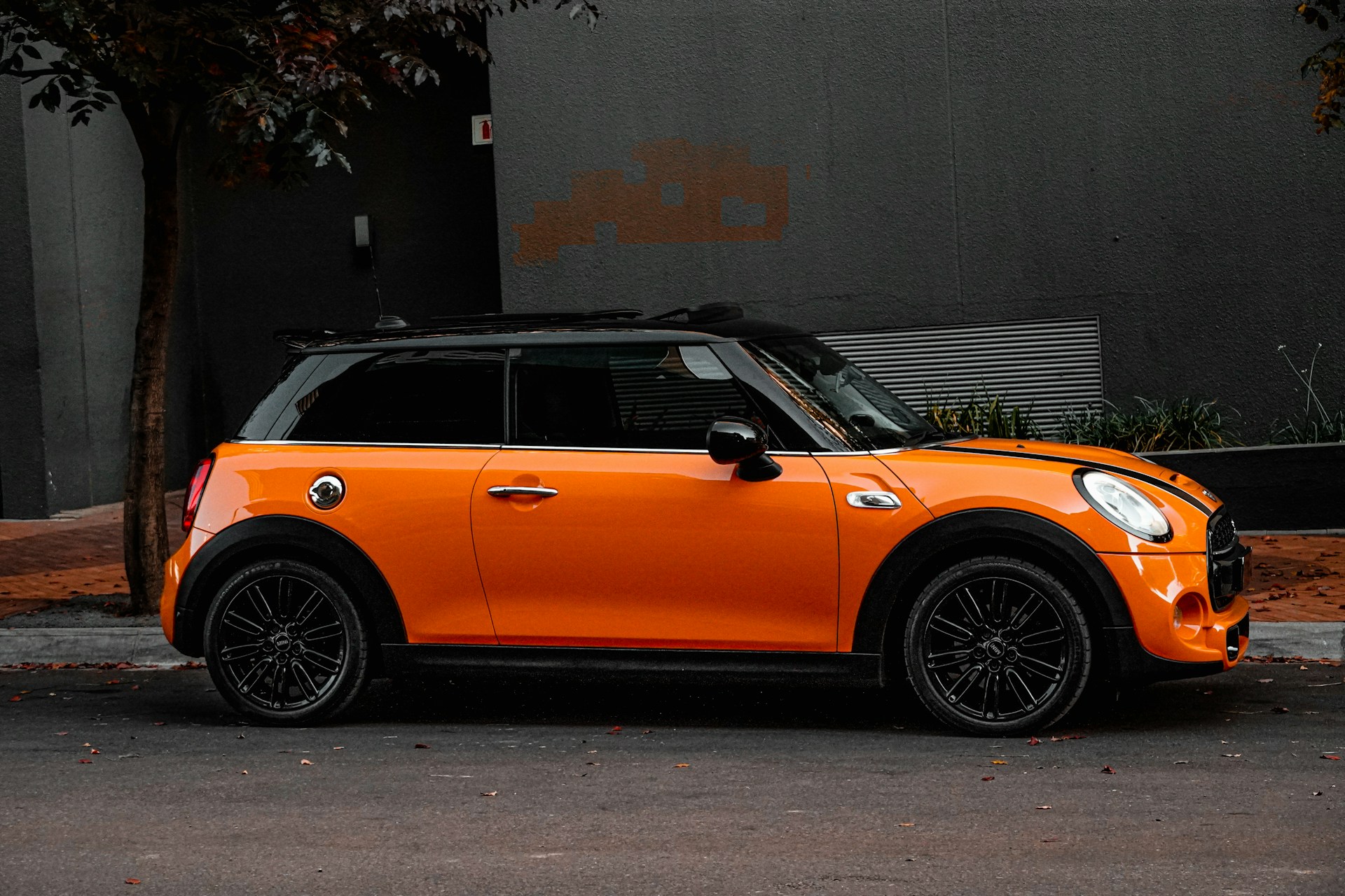 Side view of an orange Mini