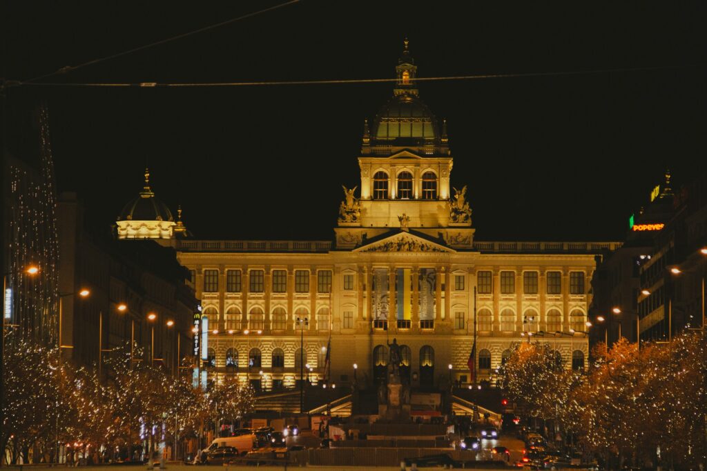 Christmas decorations in Prague at night
