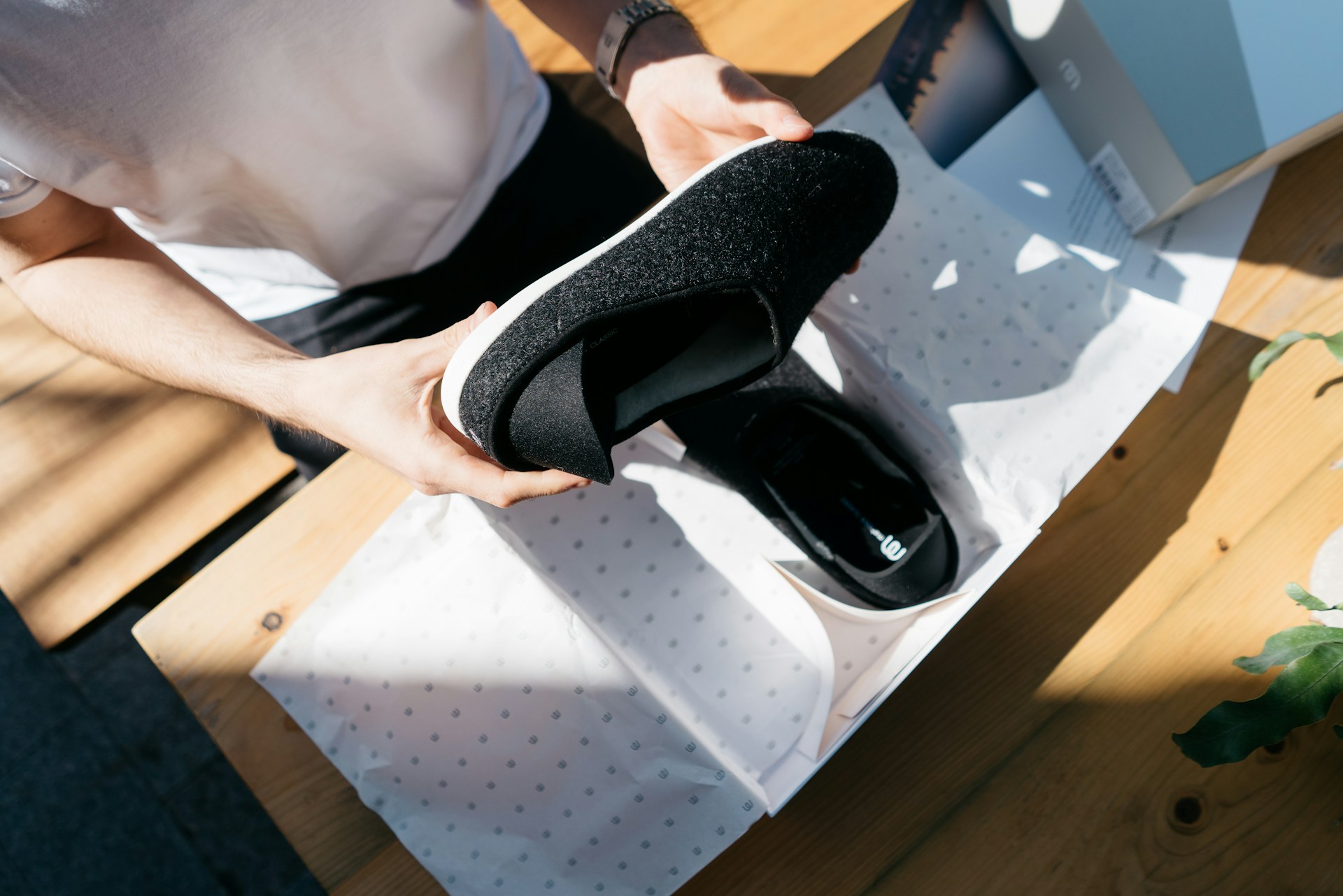 A person holding a shoe, with the other in a box